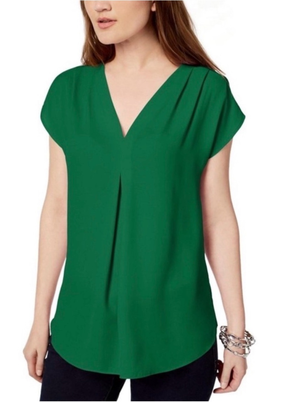 INC International Concepts Emerald V-Neck Pleated Cap Sleeve Medium NWT